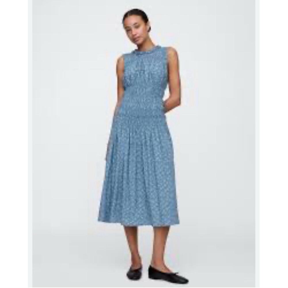Gap Blue Floral Smocked Midi Dress L – Ruffle Sleeveless Summer‎ Sundress Blue